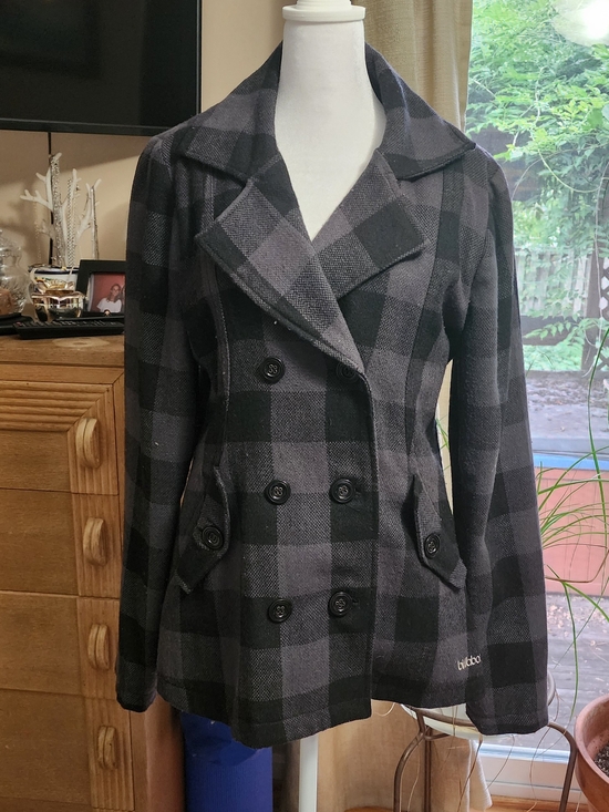 Billabong Jackets & Blazers - Billabong Black and Gray Plaid Double-Breasted Pea Coat
